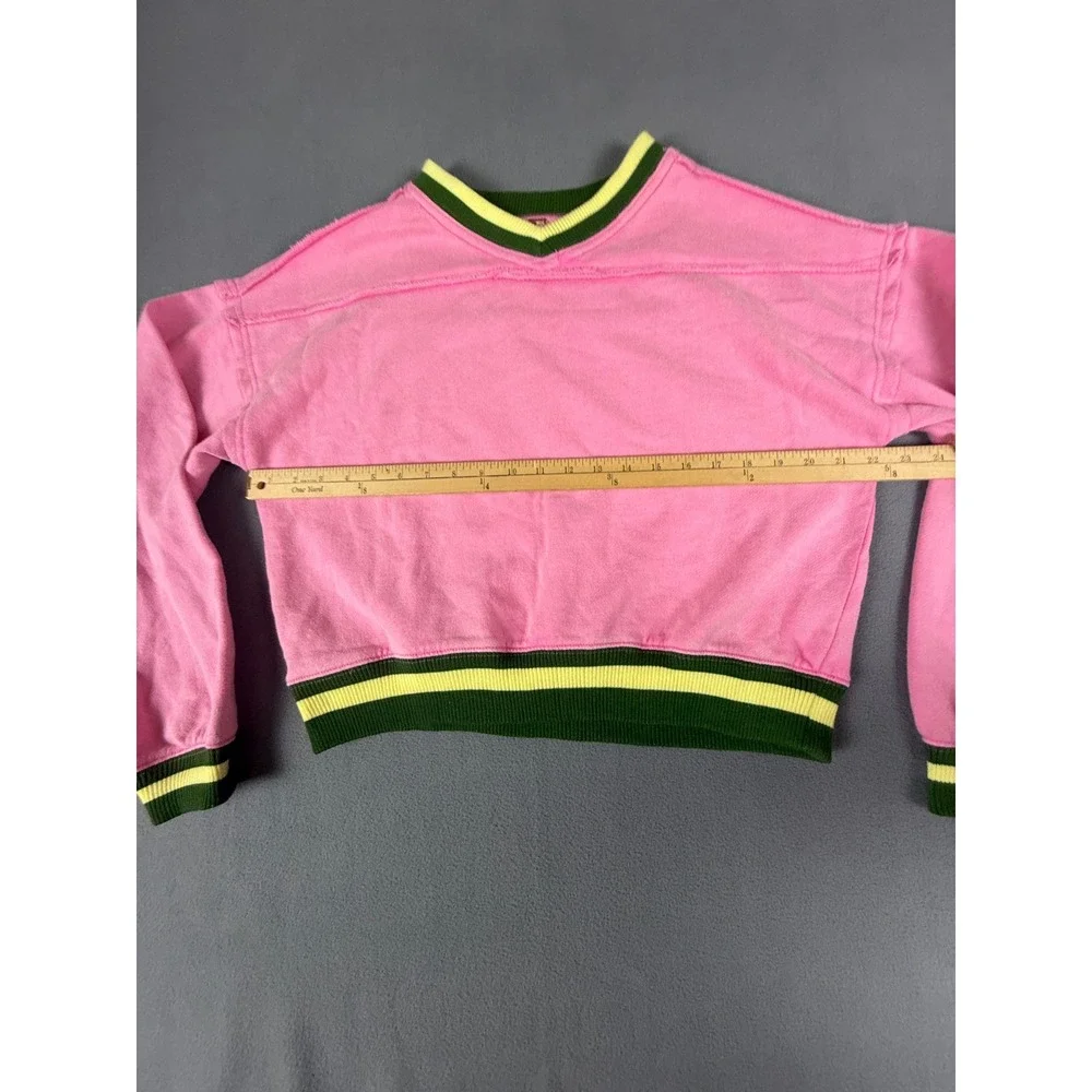 Free People Sweatshirt Womens Medium Pink V-Neck Cropped‎ Striped Trim Boxy Top